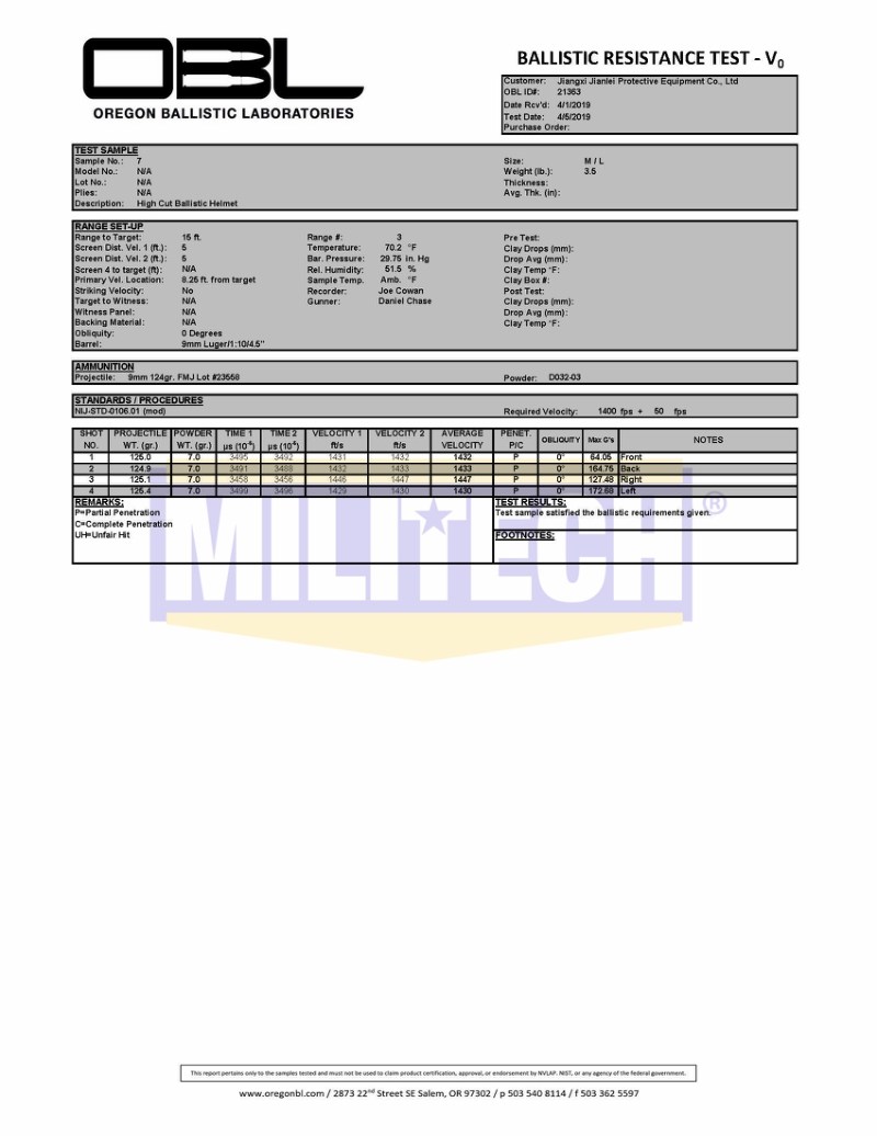 Ballistic Helmet OBL 9mm Impact Attenuation Test Report 2